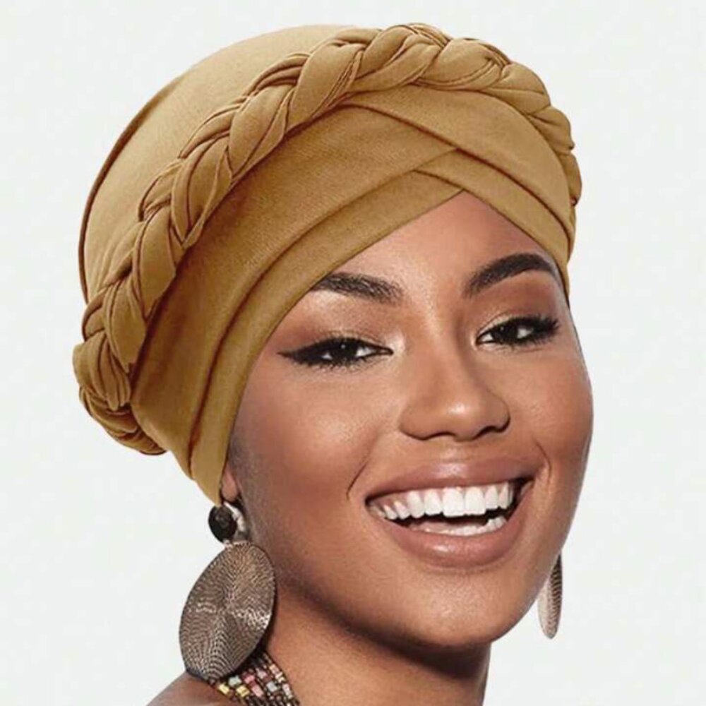 Women's Ladies Braided Turban Headwrap Head Covering Head Scarf Brown